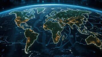 The world map with lights and cities in the background photo