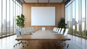 A conference room with a large board on the wall photo