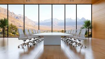 A conference room with a table and chairs in front of a mountain view photo