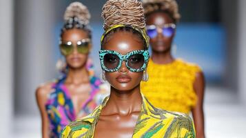 Models walk the runway wearing colorful sunglasses photo