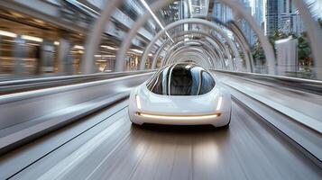 A futuristic car is driving down a highway photo