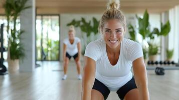 A woman is smiling while doing squats in a gym photo
