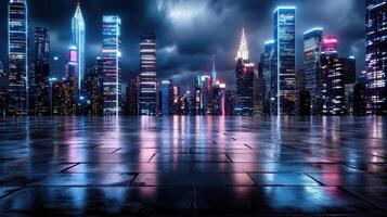 A cityscape with many buildings and lights at night photo
