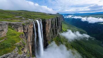 A waterfall is seen in the middle of a valley photo
