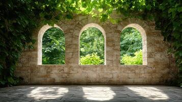 An old stone wall with arched windows and green plants photo