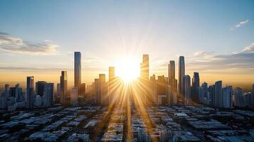 A city skyline with the sun shining over it photo