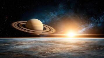 Saturn and the sun rising over the earth photo