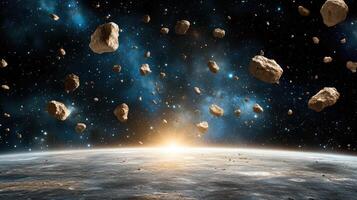 Asteroids flying over the earth photo
