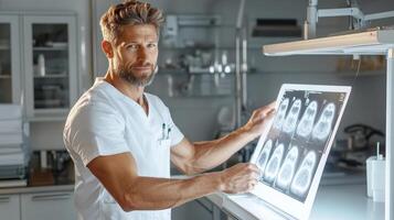 A man is holding up an x - ray image on a computer screen photo