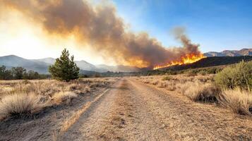 A dirt road in the middle of a field with a fire burning in the distance photo