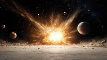 An explosion is seen in space with planets and asteroids photo