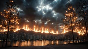 A city with fire coming out of the sky photo