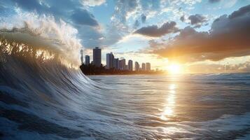 A wave breaking on the beach with a city in the background photo