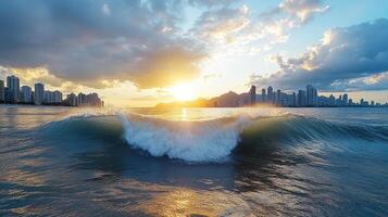 A wave breaking on the ocean with a city skyline in the background photo
