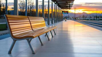 A bench sitting on the ground photo