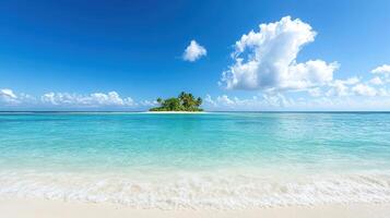 Tropical island in the ocean with white sand and blue sky photo
