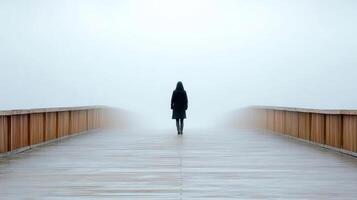 A person walking on a bridge in the fog photo
