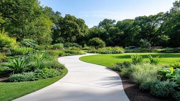 A pathway in a park with trees and grass photo