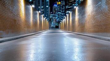 A long empty street at night with lights on photo