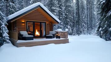 A cabin in the snow with a fire in it photo