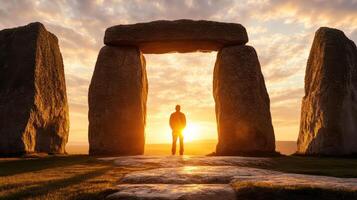 A man standing in front of stonehenge at sunset photo