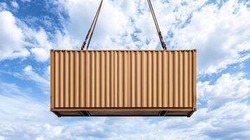 A large wooden crate is being lifted by a crane photo