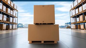 A large warehouse with boxes and pallets photo