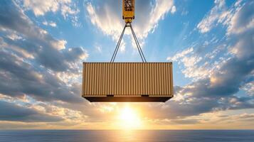 A crane lifting a container over the ocean photo