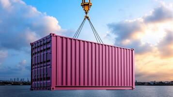 A crane lifting a pink container over the water photo