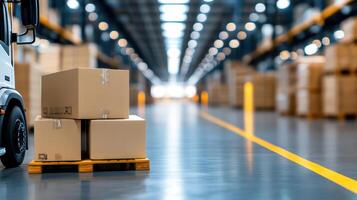 A truck is driving down a warehouse aisle with boxes on pallets photo