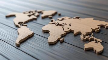 Wooden world map on a wooden table photo