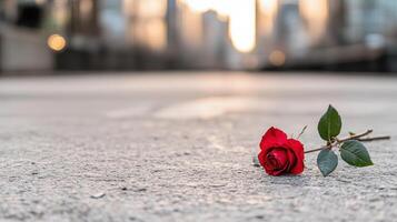 A single red rose laying on the ground in front of a city photo