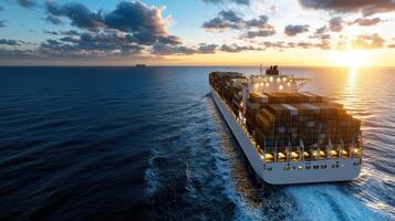 A container ship traveling across the ocean at sunset photo