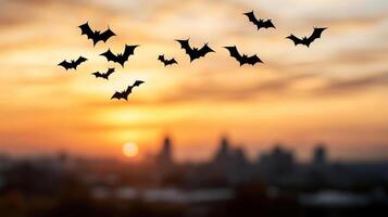 Halloween bats flying in the sky at sunset photo