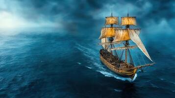An old sailing ship in the ocean photo