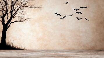 A halloween scene with bats flying over a tree photo