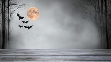Halloween background with bats flying over a wood floor photo