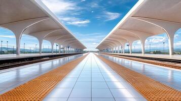 A train station with a long platform and a blue sky photo