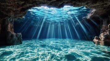 A cave with sunlight shining through the water photo