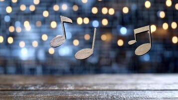 Wooden musical notes floating in the air over a table with a blurred background photo