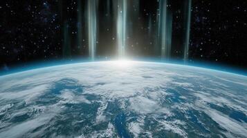 The earth is seen from space with bright lights photo