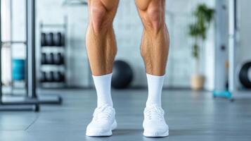 A man in white socks and white shoes standing in a gym photo
