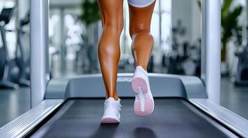 A woman is running on a treadmill in a gym photo