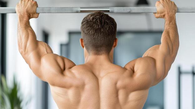 A man is doing pull ups on a bar photo