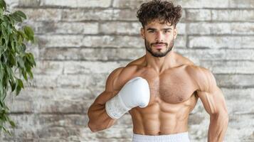 A man in boxer shorts and a white glove photo