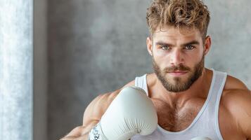 A man with a beard and a beard is wearing boxing gloves photo