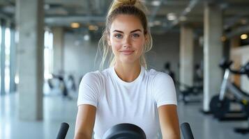 A woman is riding an exercise bike in a gym photo
