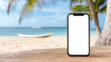 A blank smartphone on the beach with palm trees and blue sky photo