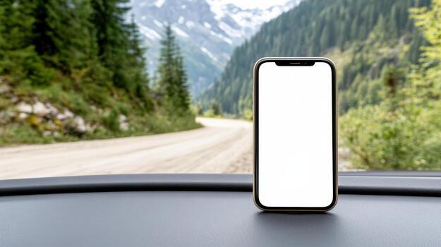 Mobile phone on dashboard of car with mountains in background photo