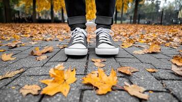 A person wearing sneakers standing on a brick path surrounded by fallen leaves photo